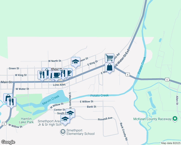 map of restaurants, bars, coffee shops, grocery stores, and more near 401 Grand Army of the Republic Highway in Smethport