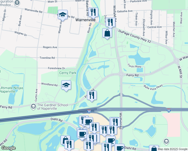 map of restaurants, bars, coffee shops, grocery stores, and more near 28294 Ferry Road in Warrenville