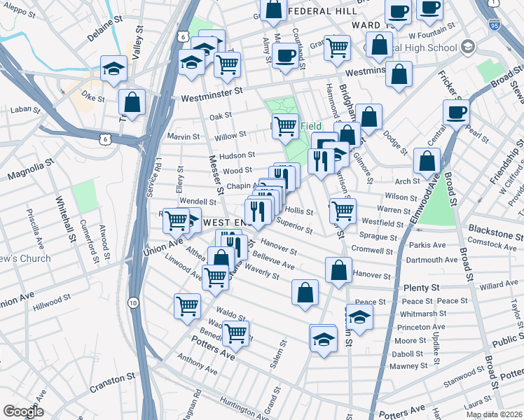map of restaurants, bars, coffee shops, grocery stores, and more near 40 Wendell Street in Providence