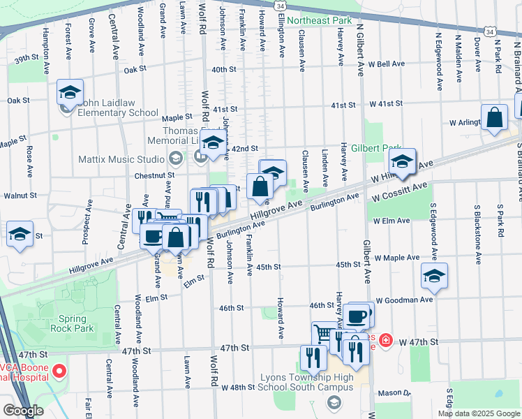 map of restaurants, bars, coffee shops, grocery stores, and more near 504 Hillgrove Avenue in Western Springs