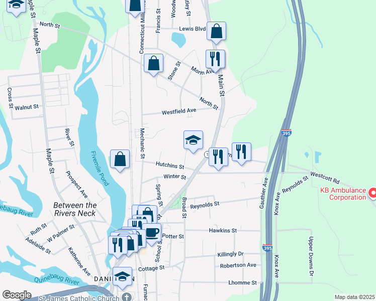 map of restaurants, bars, coffee shops, grocery stores, and more near 339 Main Street in Killingly