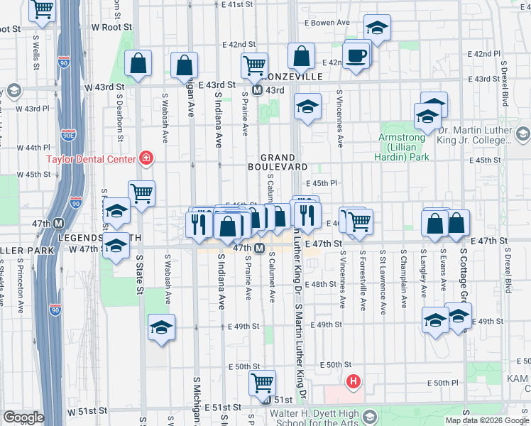 map of restaurants, bars, coffee shops, grocery stores, and more near 4603 South Calumet Avenue in Chicago