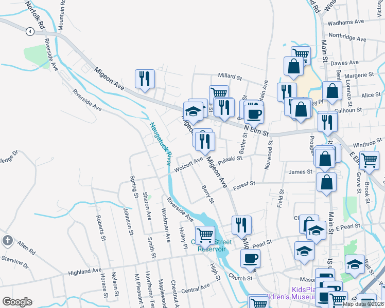 map of restaurants, bars, coffee shops, grocery stores, and more near 427 Migeon Avenue in Torrington