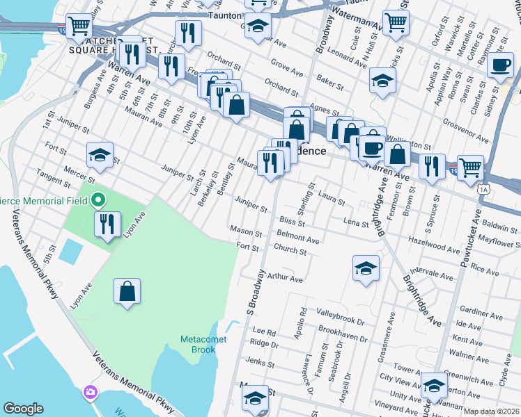 map of restaurants, bars, coffee shops, grocery stores, and more near 384 Juniper Street in East Providence