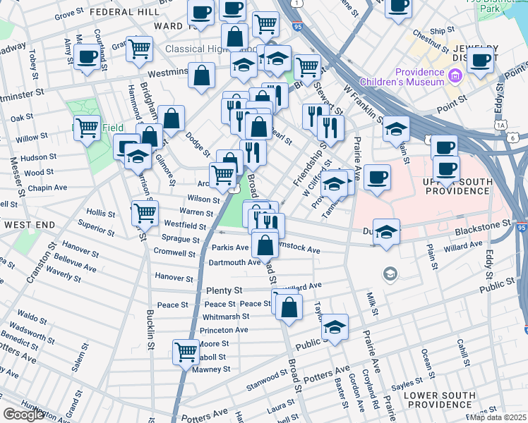 map of restaurants, bars, coffee shops, grocery stores, and more near 500 Broad Street in Providence