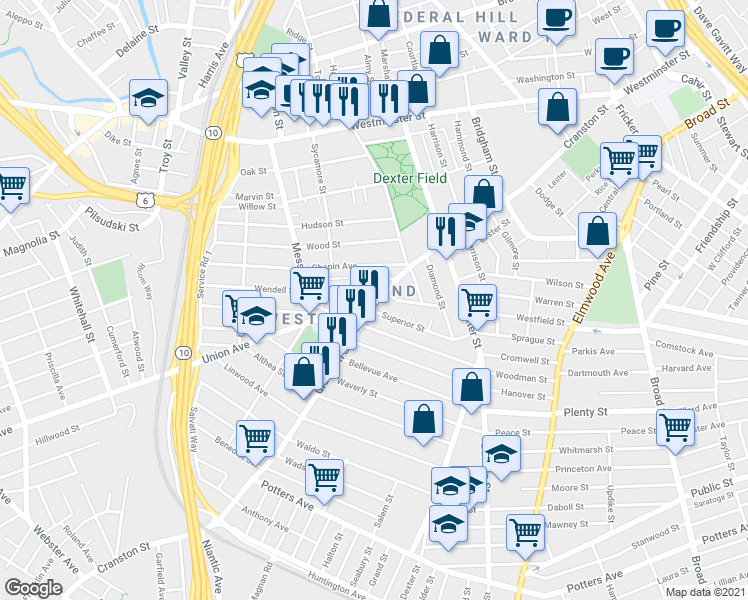 map of restaurants, bars, coffee shops, grocery stores, and more near 40 Wendell Street in Providence