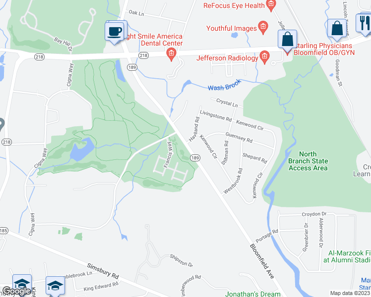 map of restaurants, bars, coffee shops, grocery stores, and more near 510 Bloomfield Avenue in Bloomfield