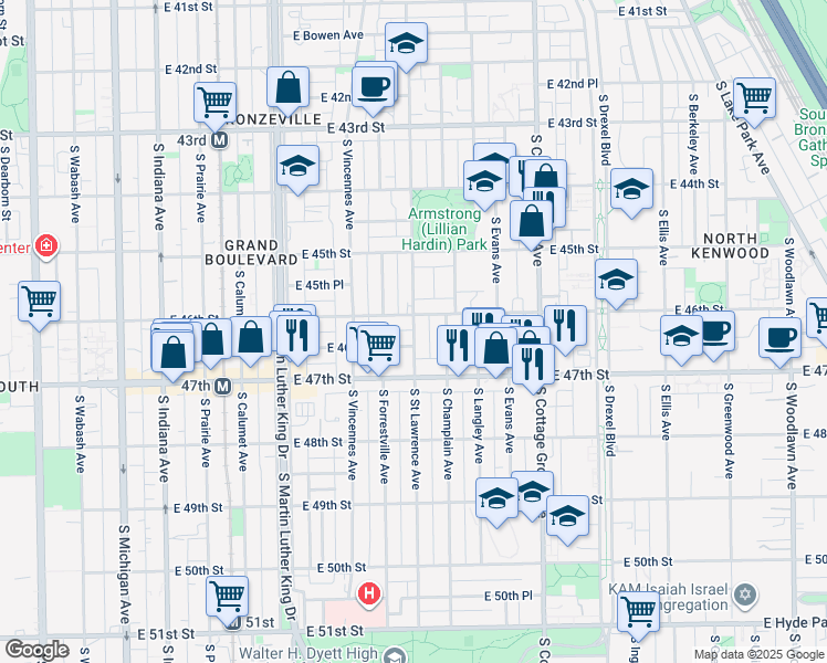 map of restaurants, bars, coffee shops, grocery stores, and more near 545 East 46th Street in Chicago