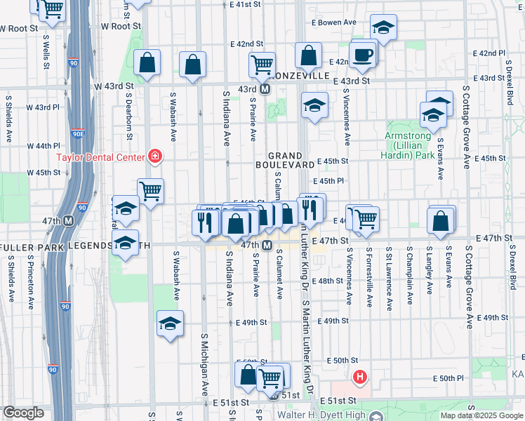 map of restaurants, bars, coffee shops, grocery stores, and more near 4601 South Prairie Avenue in Chicago