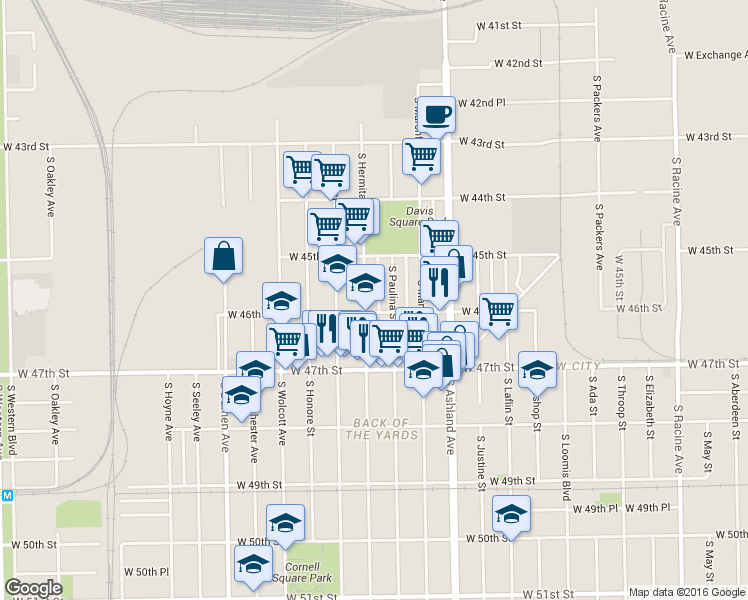 map of restaurants, bars, coffee shops, grocery stores, and more near 4538 South Hermitage Avenue in Chicago