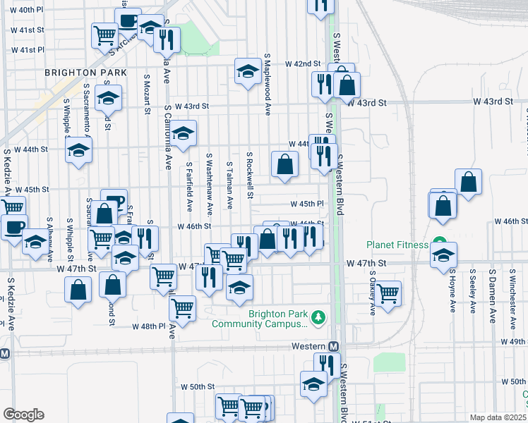 map of restaurants, bars, coffee shops, grocery stores, and more near 2539 West 45th Place in Chicago