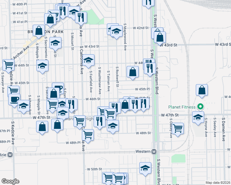 map of restaurants, bars, coffee shops, grocery stores, and more near 4532 South Rockwell Street in Chicago
