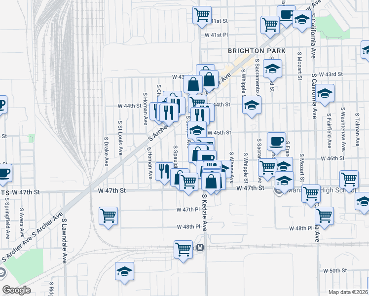 map of restaurants, bars, coffee shops, grocery stores, and more near 4523 South Sawyer Avenue in Chicago