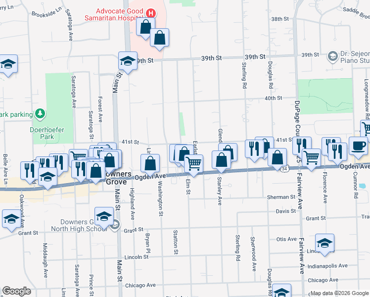 map of restaurants, bars, coffee shops, grocery stores, and more near 4213 Elm Street in Downers Grove