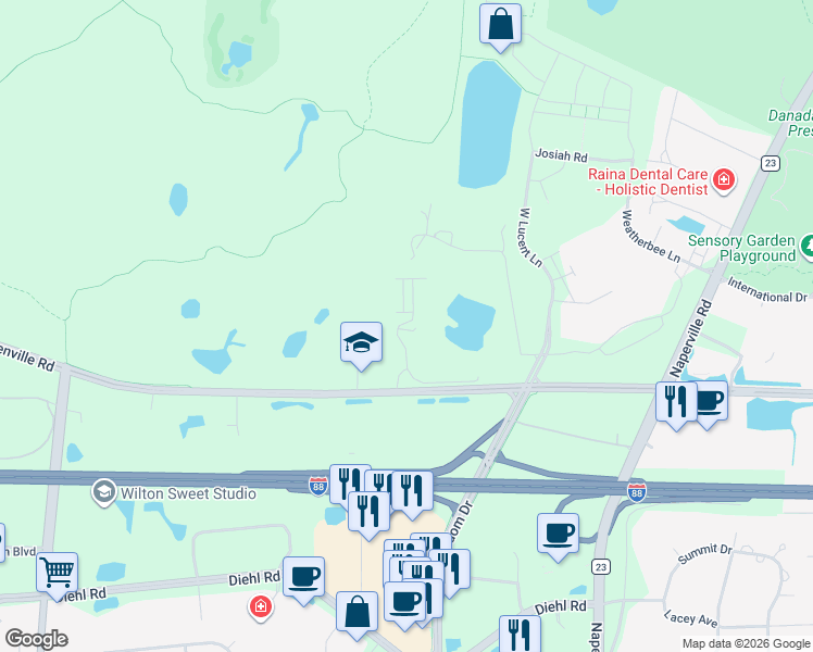 map of restaurants, bars, coffee shops, grocery stores, and more near 1151 Warrenville Road in Naperville