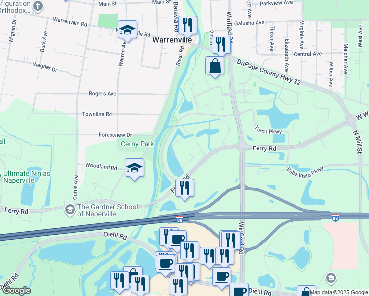 map of restaurants, bars, coffee shops, grocery stores, and more near West Branch DuPage River Trail in Warrenville