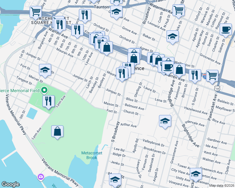 map of restaurants, bars, coffee shops, grocery stores, and more near 384 Juniper Street in East Providence
