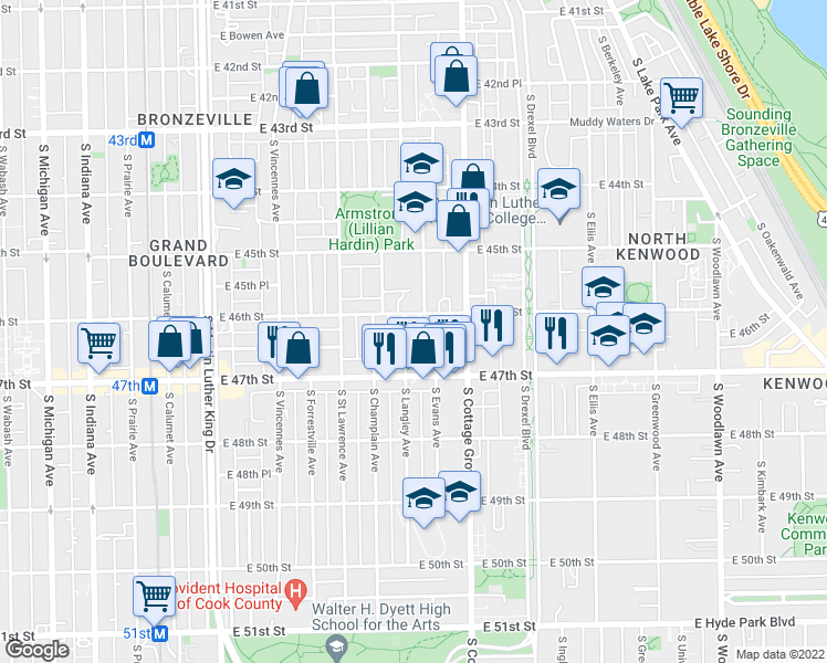 map of restaurants, bars, coffee shops, grocery stores, and more near 4613 South Langley Avenue in Chicago