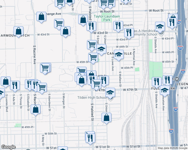 map of restaurants, bars, coffee shops, grocery stores, and more near 4549 South Halsted Street in Chicago