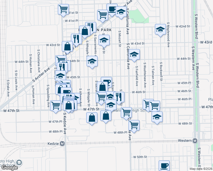 map of restaurants, bars, coffee shops, grocery stores, and more near 4525 South Richmond Street in Chicago