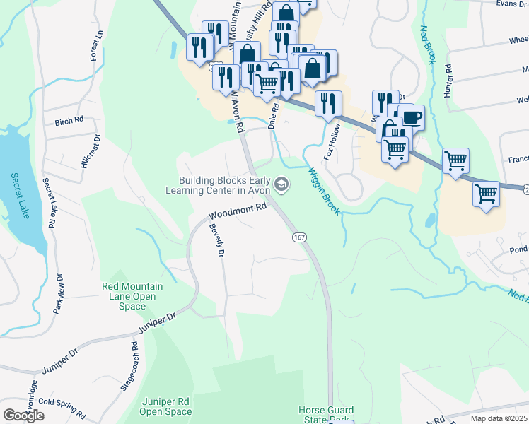 map of restaurants, bars, coffee shops, grocery stores, and more near 7 Woodmont Road in Avon