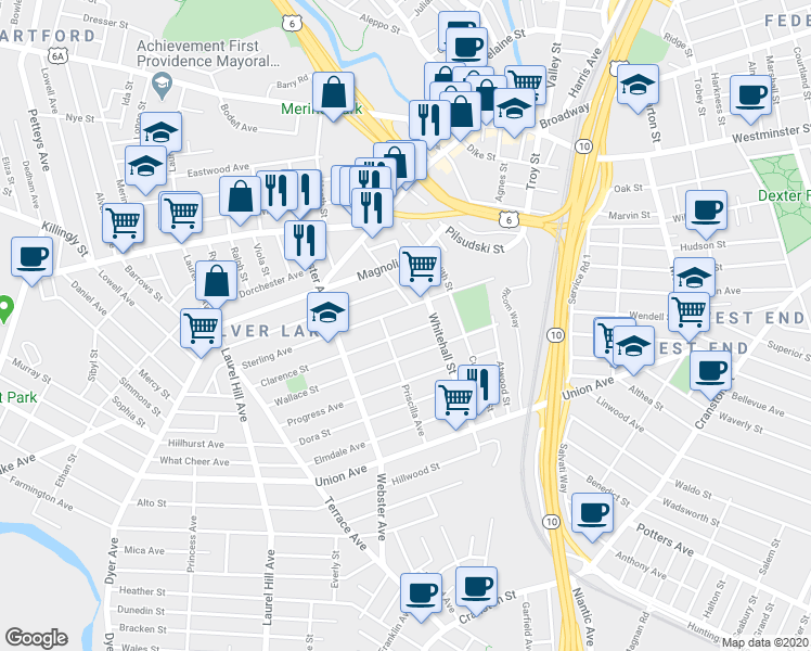 map of restaurants, bars, coffee shops, grocery stores, and more near 89 Clarence Street in Providence