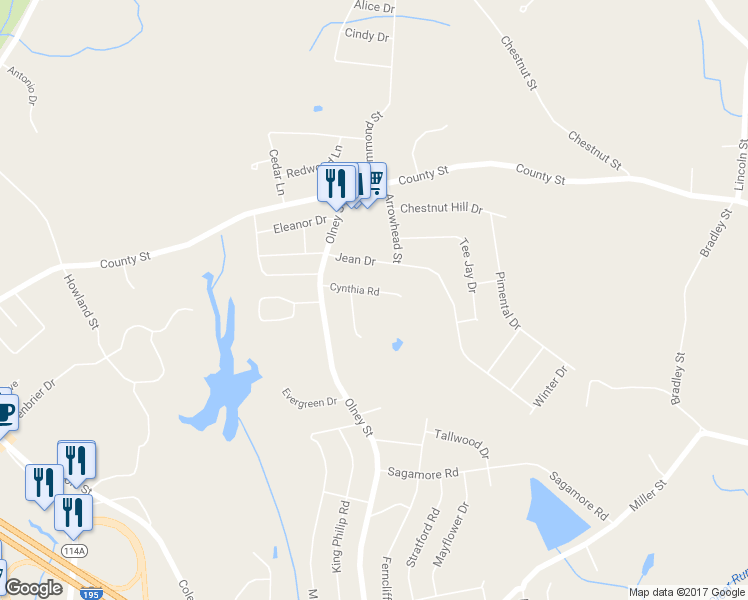 map of restaurants, bars, coffee shops, grocery stores, and more near 49 Cynthia Road in Seekonk
