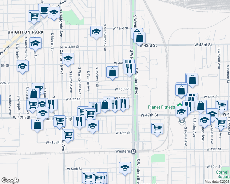 map of restaurants, bars, coffee shops, grocery stores, and more near 2461 W 45th Pl in Chicago