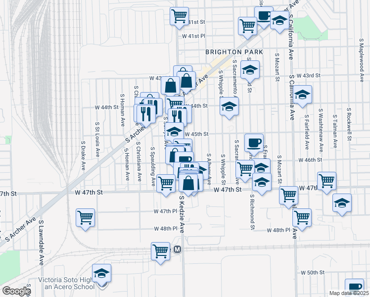 map of restaurants, bars, coffee shops, grocery stores, and more near 4529 South Kedzie Avenue in Chicago