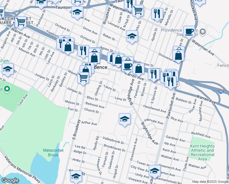 map of restaurants, bars, coffee shops, grocery stores, and more near 90 Laura Street in East Providence