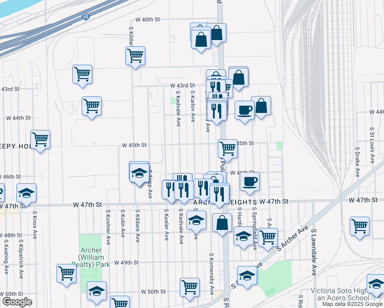 map of restaurants, bars, coffee shops, grocery stores, and more near 4515 South Karlov Avenue in Chicago