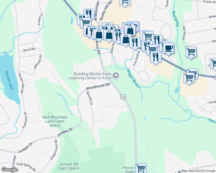 map of restaurants, bars, coffee shops, grocery stores, and more near 7 Woodmont Road in Avon