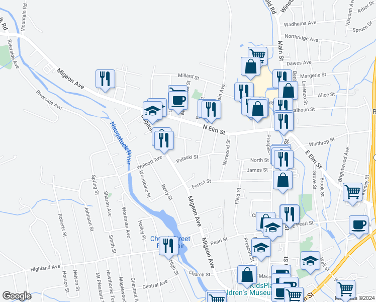 map of restaurants, bars, coffee shops, grocery stores, and more near 14 Grace Street in Torrington