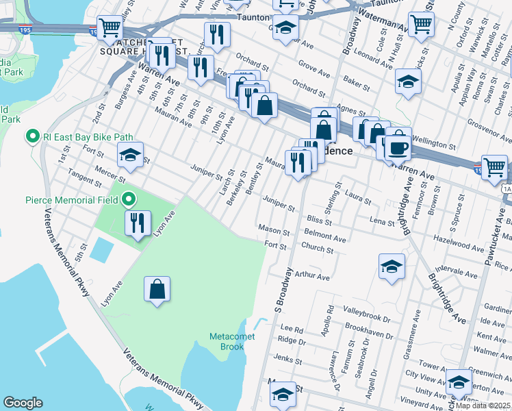map of restaurants, bars, coffee shops, grocery stores, and more near 9 Rutland Street in East Providence