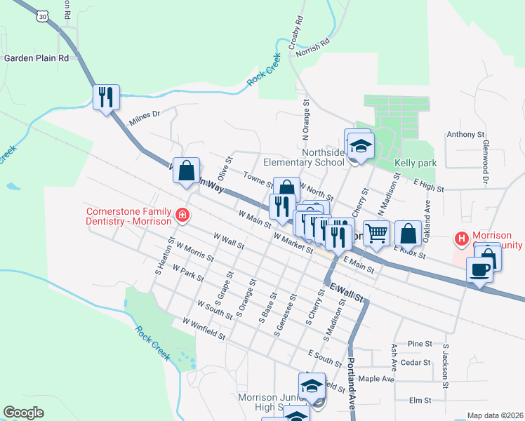 map of restaurants, bars, coffee shops, grocery stores, and more near 309 West Lincoln Way in Morrison