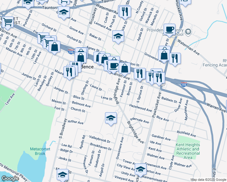 map of restaurants, bars, coffee shops, grocery stores, and more near 59 Brightridge Avenue in East Providence
