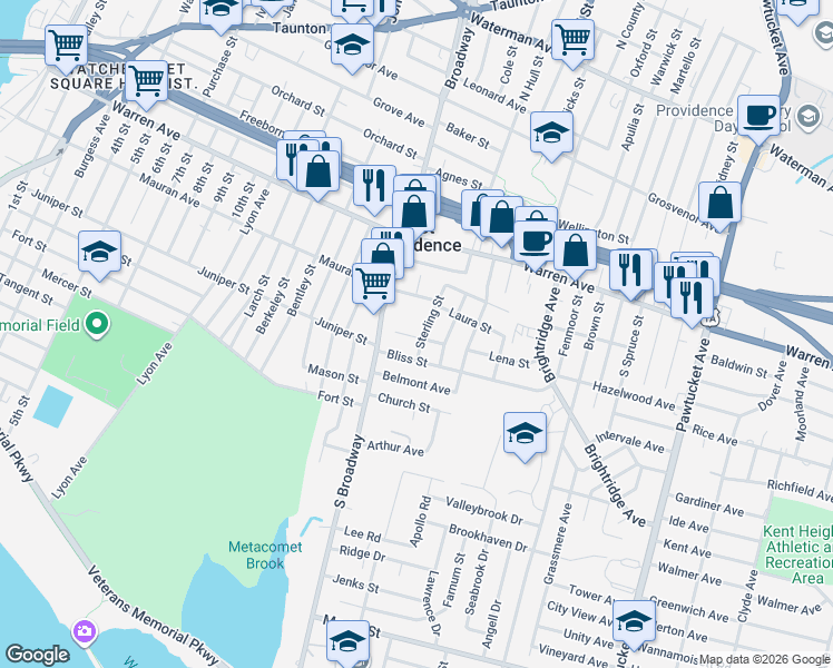 map of restaurants, bars, coffee shops, grocery stores, and more near 20 Lena Street in East Providence