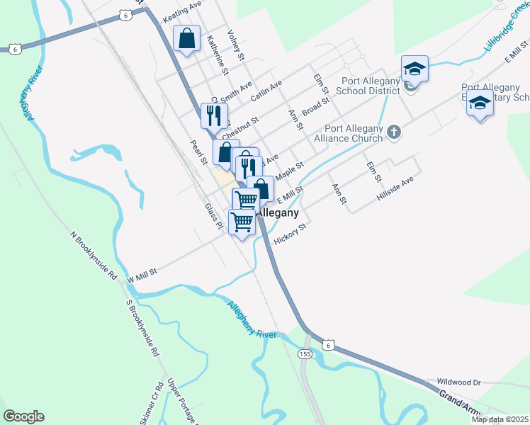 map of restaurants, bars, coffee shops, grocery stores, and more near in Port Allegany