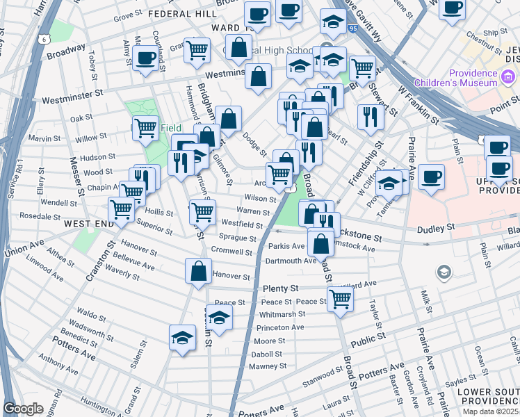 map of restaurants, bars, coffee shops, grocery stores, and more near 24 Wilson Street in Providence