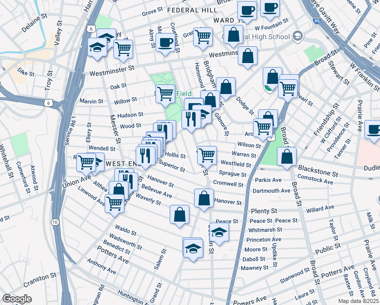 map of restaurants, bars, coffee shops, grocery stores, and more near 45 Diamond Street in Providence