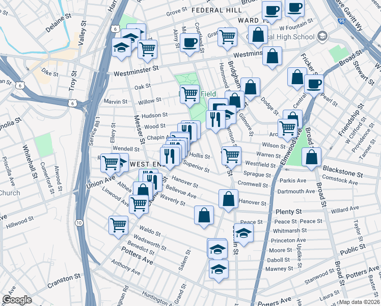 map of restaurants, bars, coffee shops, grocery stores, and more near 43 Hollis Street in Providence