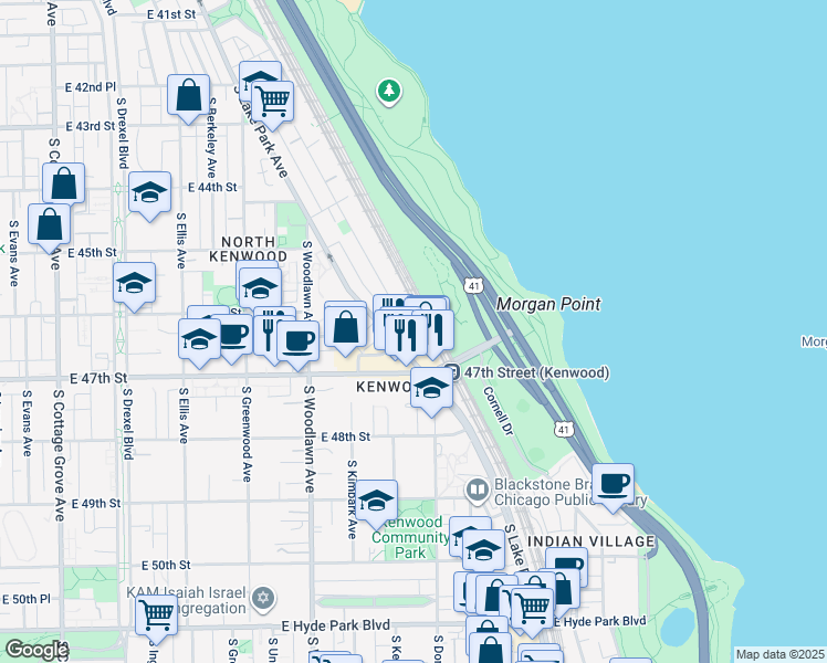 map of restaurants, bars, coffee shops, grocery stores, and more near 4651 South Lake Park Avenue in Chicago