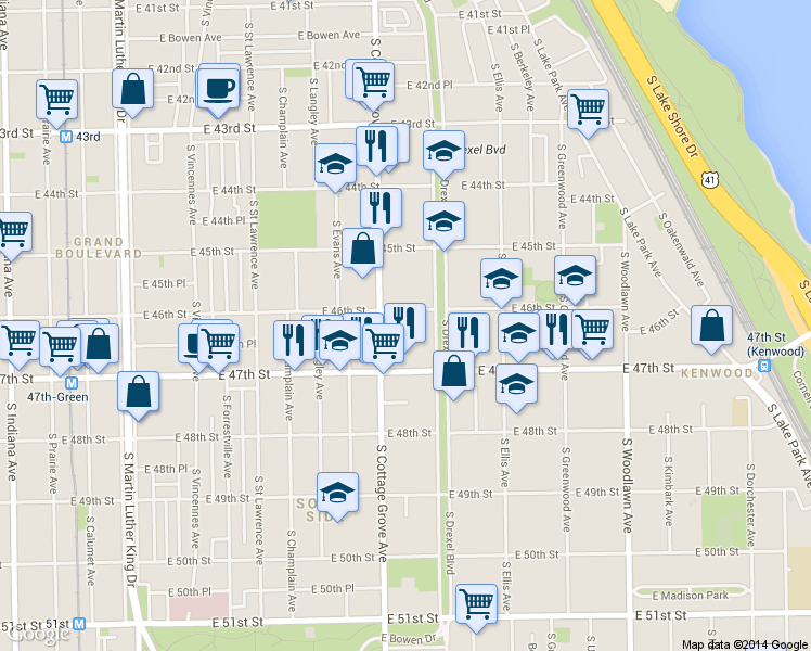 map of restaurants, bars, coffee shops, grocery stores, and more near 1141 East 46th Street in Chicago