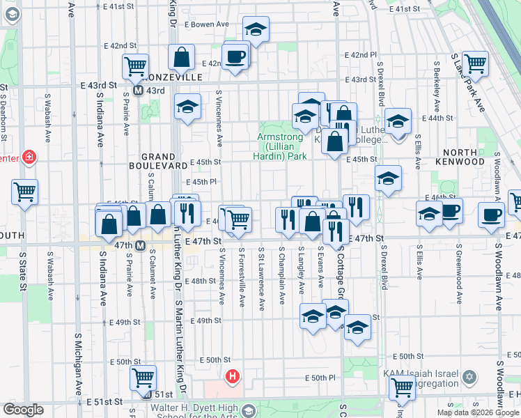 map of restaurants, bars, coffee shops, grocery stores, and more near 545 East 46th Street in Chicago