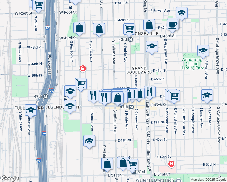 map of restaurants, bars, coffee shops, grocery stores, and more near 4601 South Indiana Avenue in Chicago