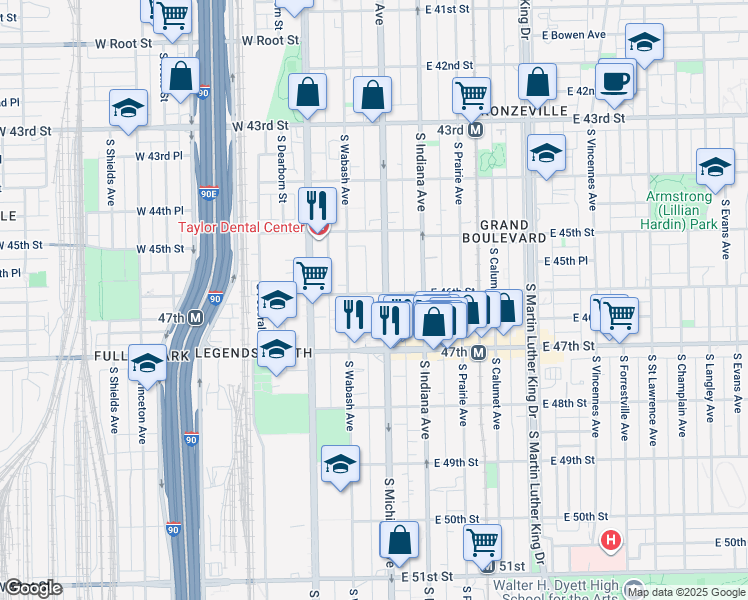 map of restaurants, bars, coffee shops, grocery stores, and more near 59 East 46th Street in Chicago