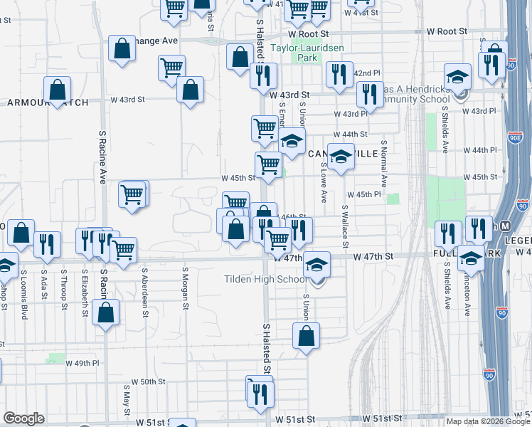 map of restaurants, bars, coffee shops, grocery stores, and more near 4549 South Halsted Street in Chicago