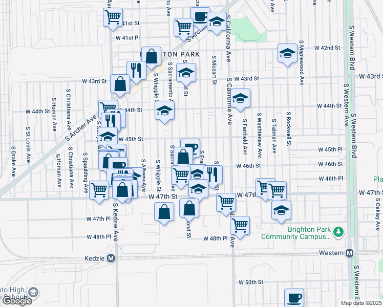 map of restaurants, bars, coffee shops, grocery stores, and more near 4525 South Richmond Street in Chicago