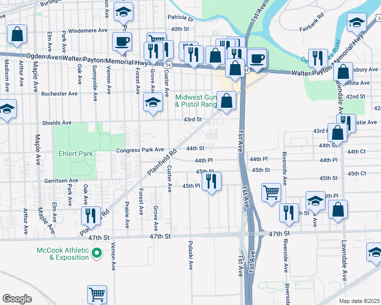 map of restaurants, bars, coffee shops, grocery stores, and more near 8721 44th Street in Lyons
