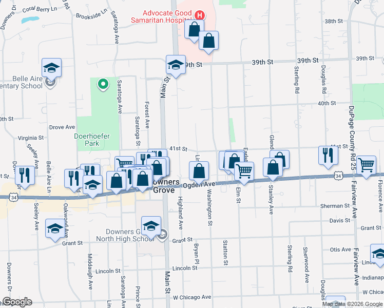 map of restaurants, bars, coffee shops, grocery stores, and more near 4205 Highland Avenue in Downers Grove